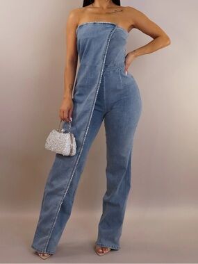 STRETCH Strapless MEDIUM Blue Denim Jumpsuit with Rhinestone Trim